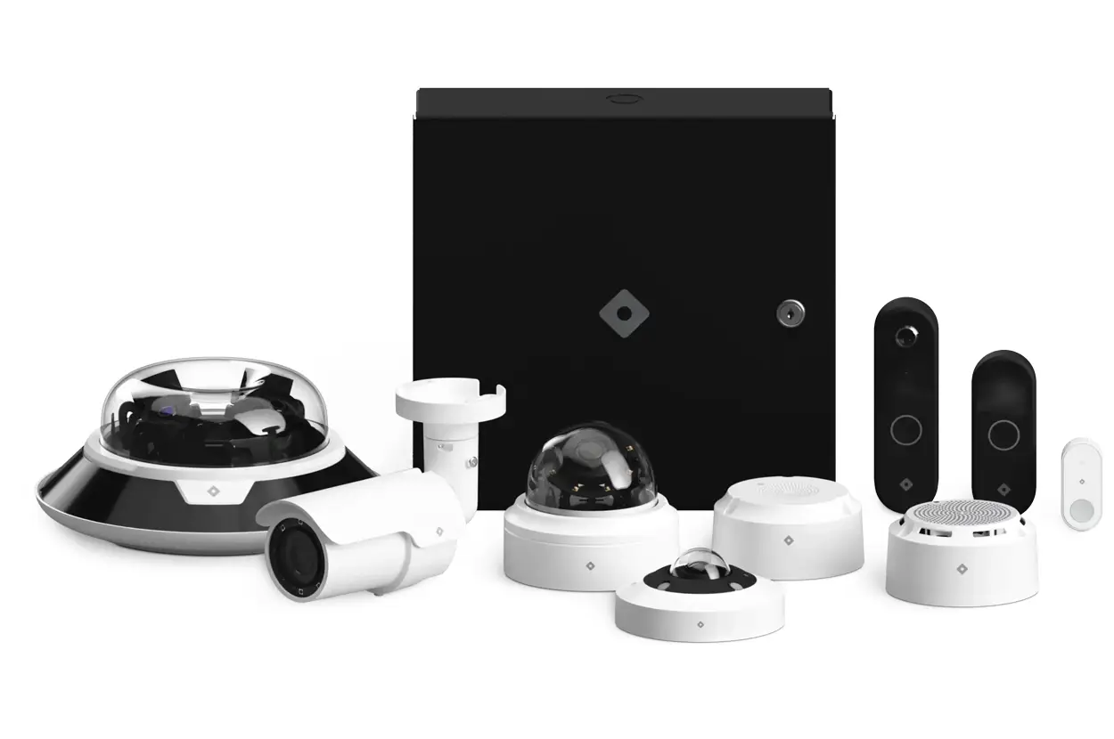 A collection of Rhombus security products.