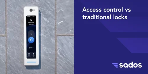 Comparison of access control technology and traditional locks, with a view of a UniFi door access sensor on an office wall.