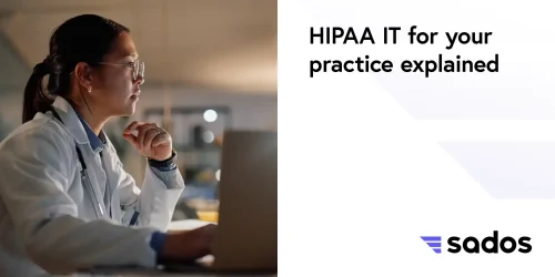 Doctor analyzing HIPAA IT solutions for medical practice, emphasizing compliance and security in healthcare technology.