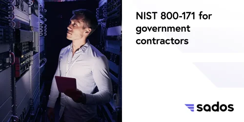 Technician assessing NIST 800-171 compliance for government contractors in a server room, holding a tablet.