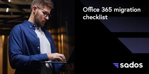 Professional man reviewing an Office 365 migration checklist on a laptop in a modern office setting.
