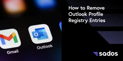 Close-up of Gmail and Outlook app icons with a tutorial title about removing Outlook profile registry entries.