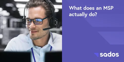Customer support representative with headset, smiling while engaging with technology, discussing MSP services.